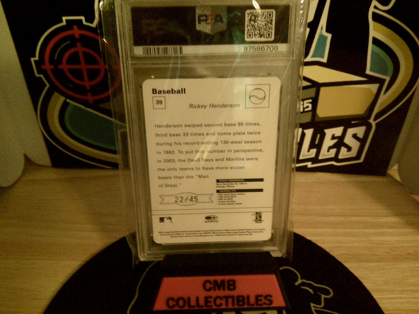 2005 Leaf Sportscaster Rickey Henderson Yellow-Batting-Ball 22/45 #39 PSA 7