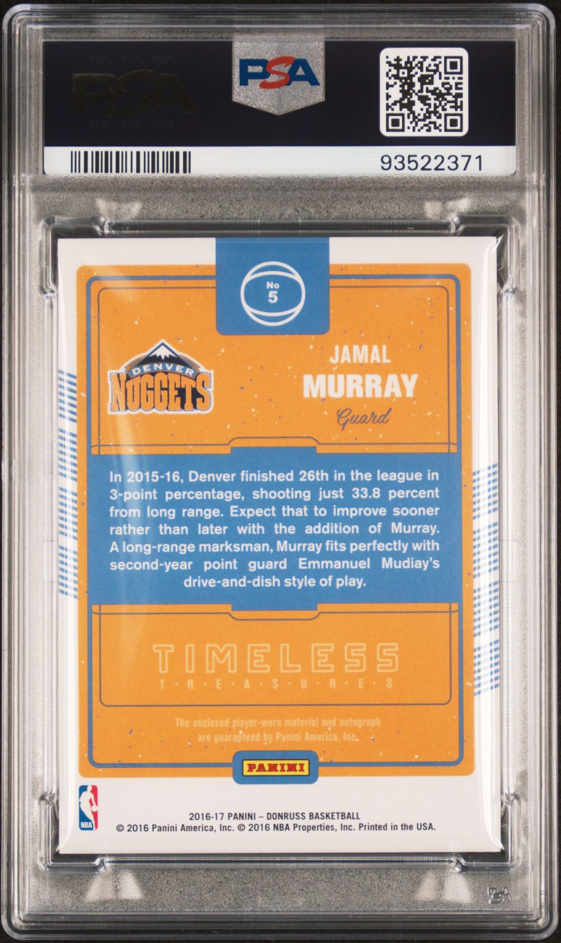 2016-17 Panini Timeless Treasures Jamal Murray RC Relic Autograph #50/99! PSA 9!