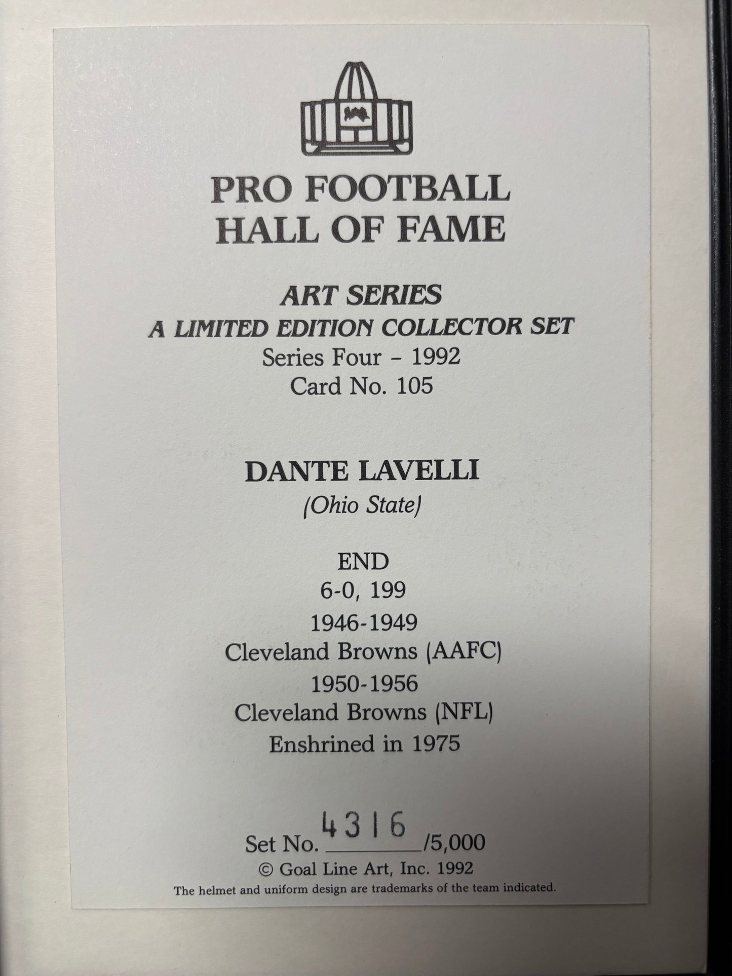 Dante Lavelli Autographed Limited Art Series Print. Framed. COA.