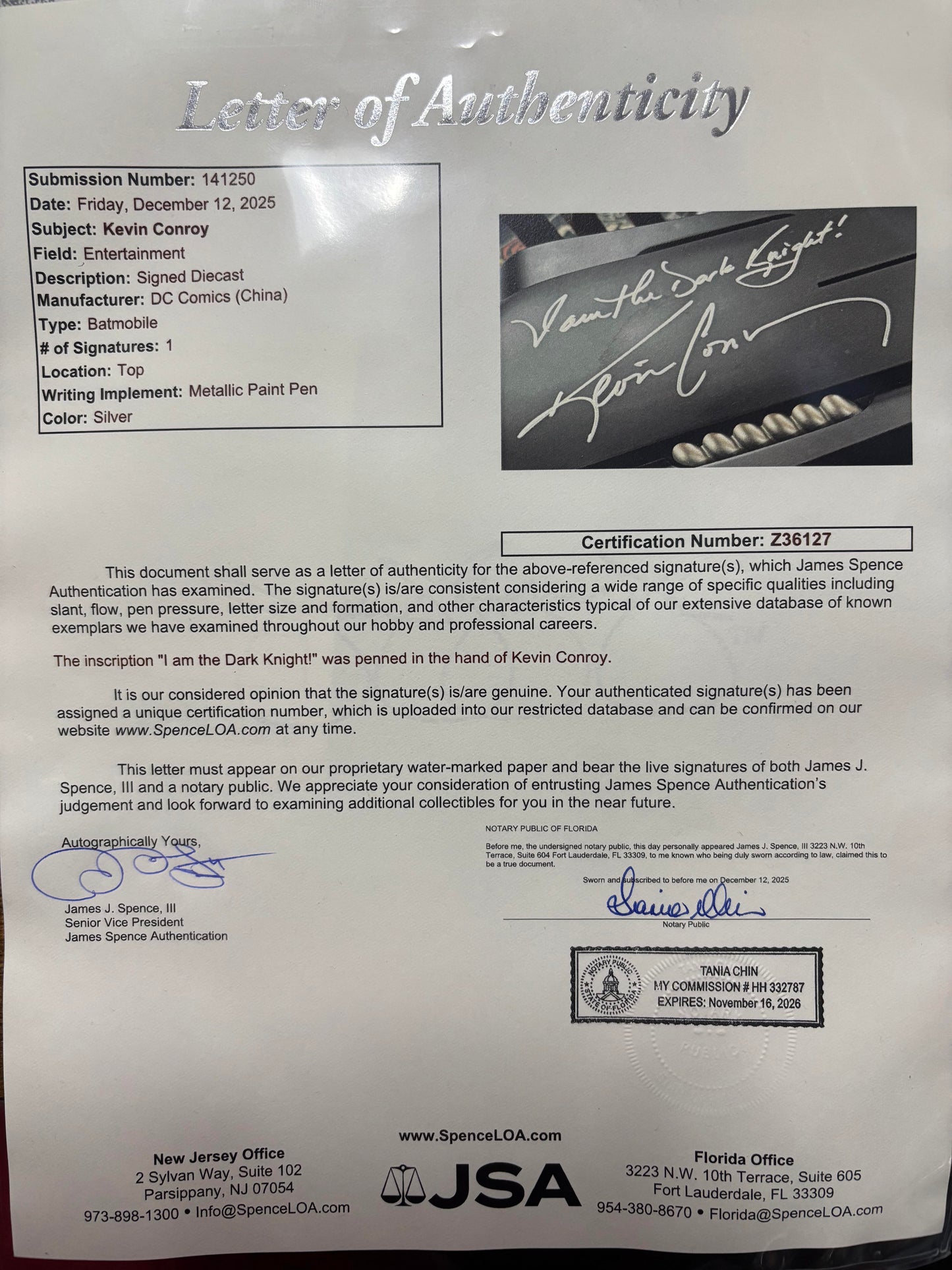 Batman The Animated Series Kevin Conroy Autographed and Inscribed Batmobile. JSA Letter.