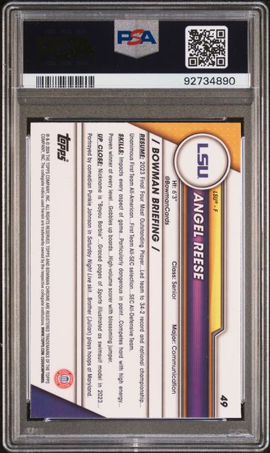 2023 Bowman Chrome U Angel Reese 1st Bowman. Pink #49 Graded PSA 10!