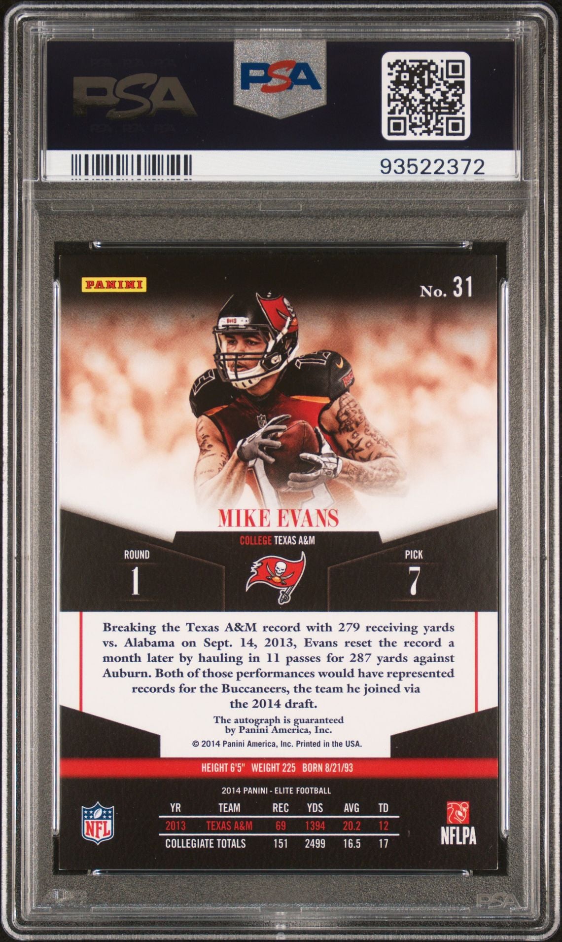 2014 Panini Elite Mike Evans Autographed RC #31! PSA 10!