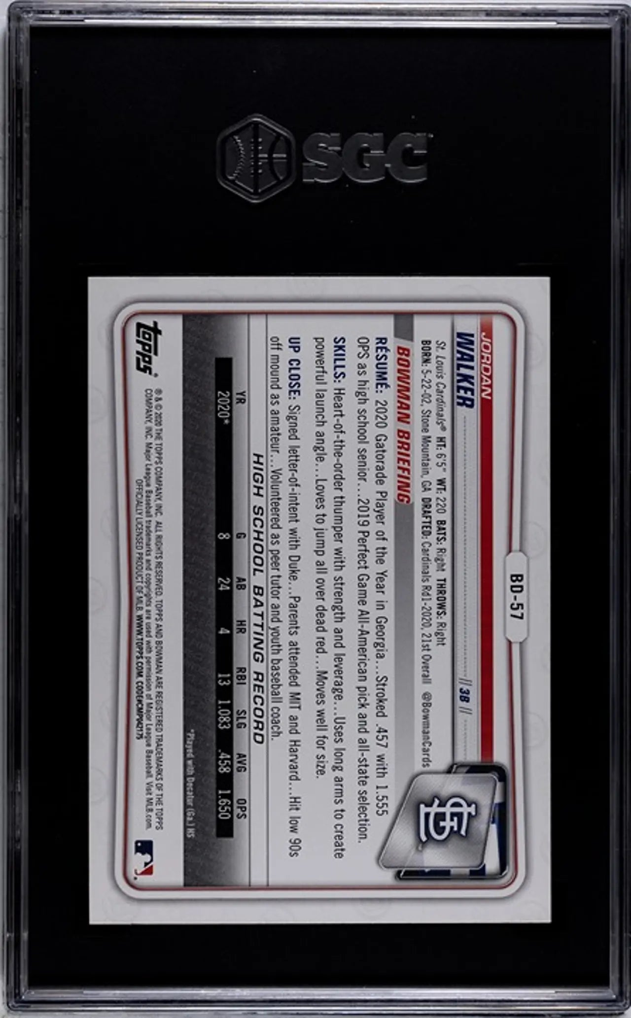 2020 Bowman Draft Jordan Walker RC #BD-57 SGC GEM 10!