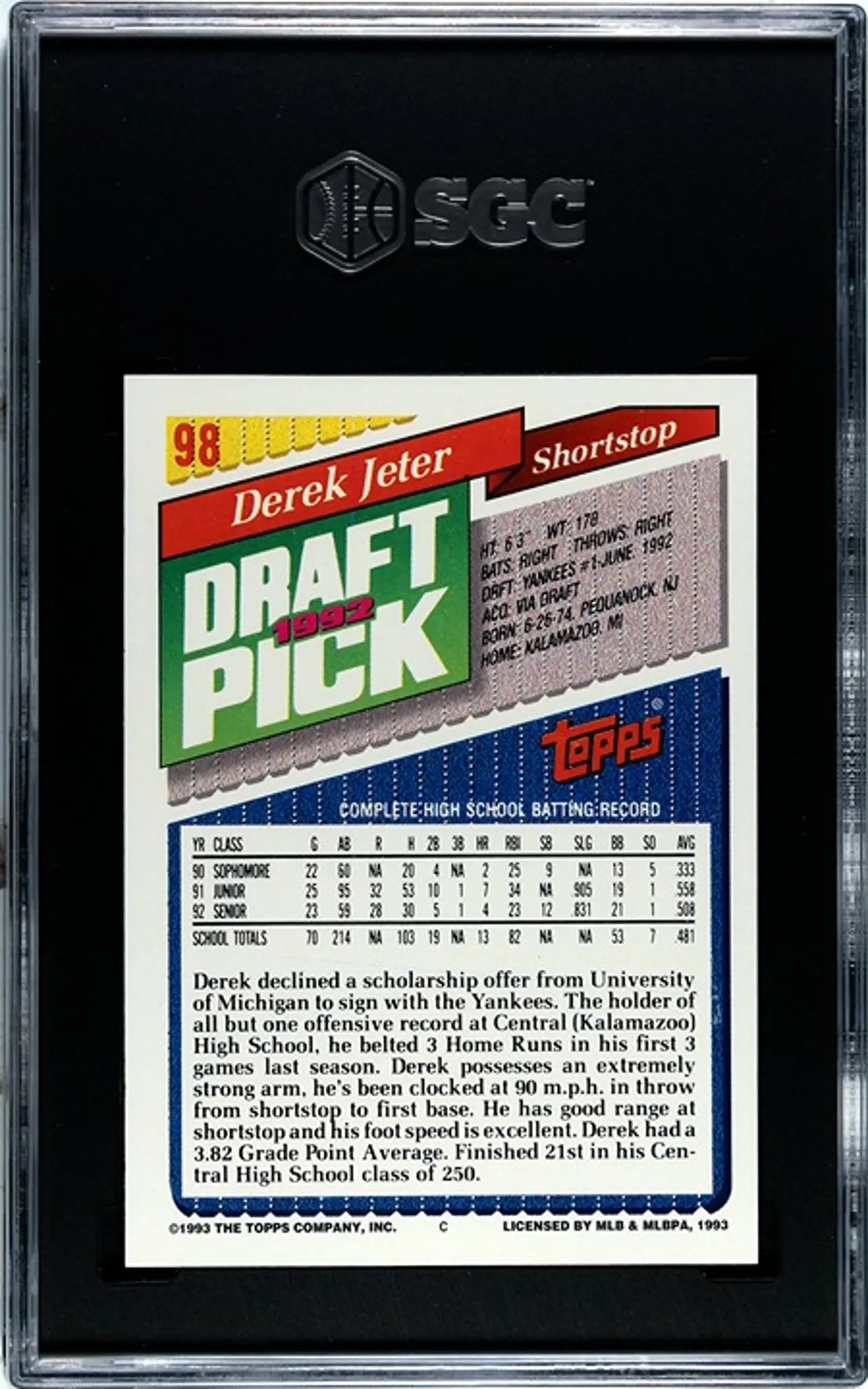 1993 Topps Derek Jeter RC #98 SGC 9.