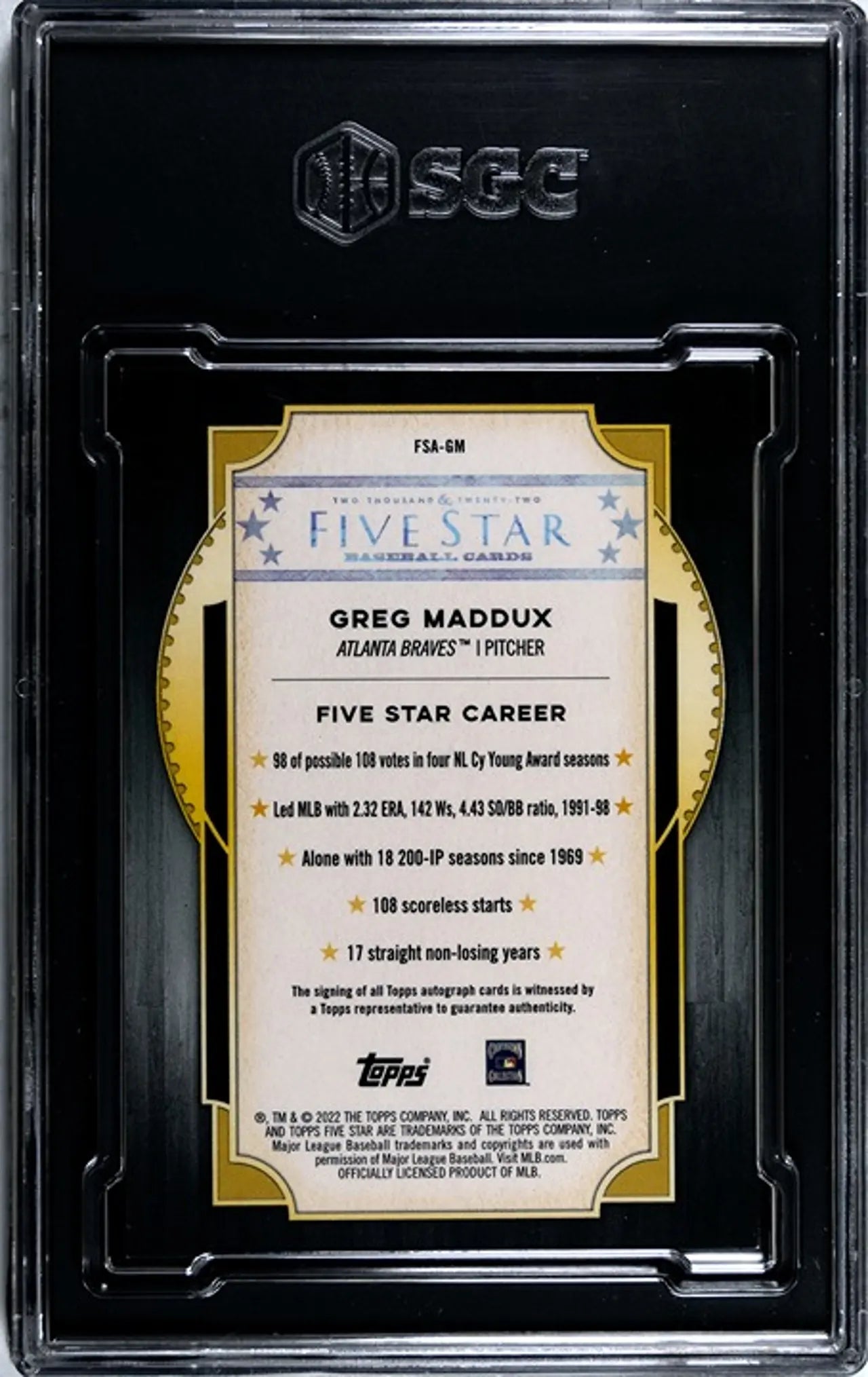 2022 Topps Five Star Greg Maddux Autographed #FSA-GM SGC 9!
