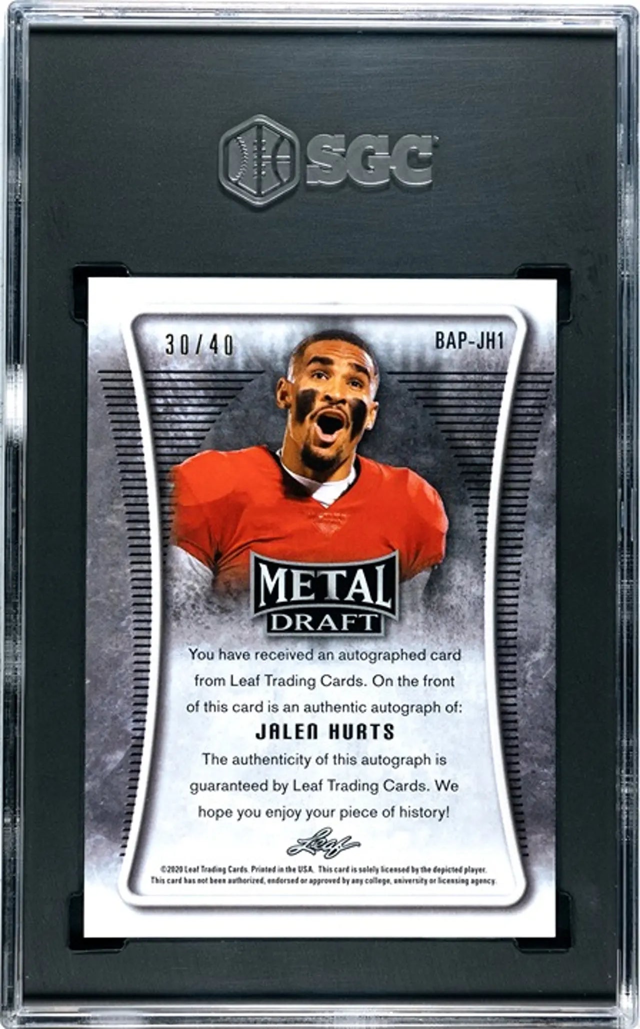 2020 Leaf Metal Draft Jalen Hurts Portrait Auto Silver Mojo Graded 10/10!
