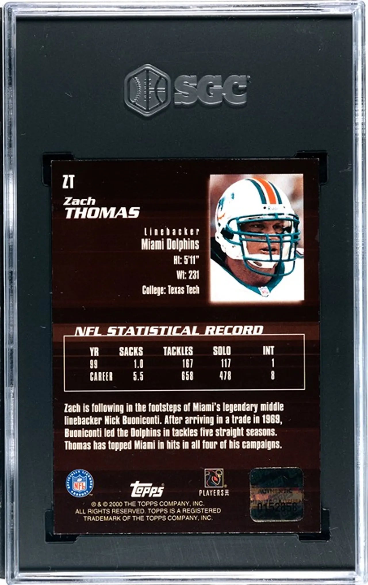 2000 Topps Zach Thomas #ZT Autograph SGC Graded 10/8.5!