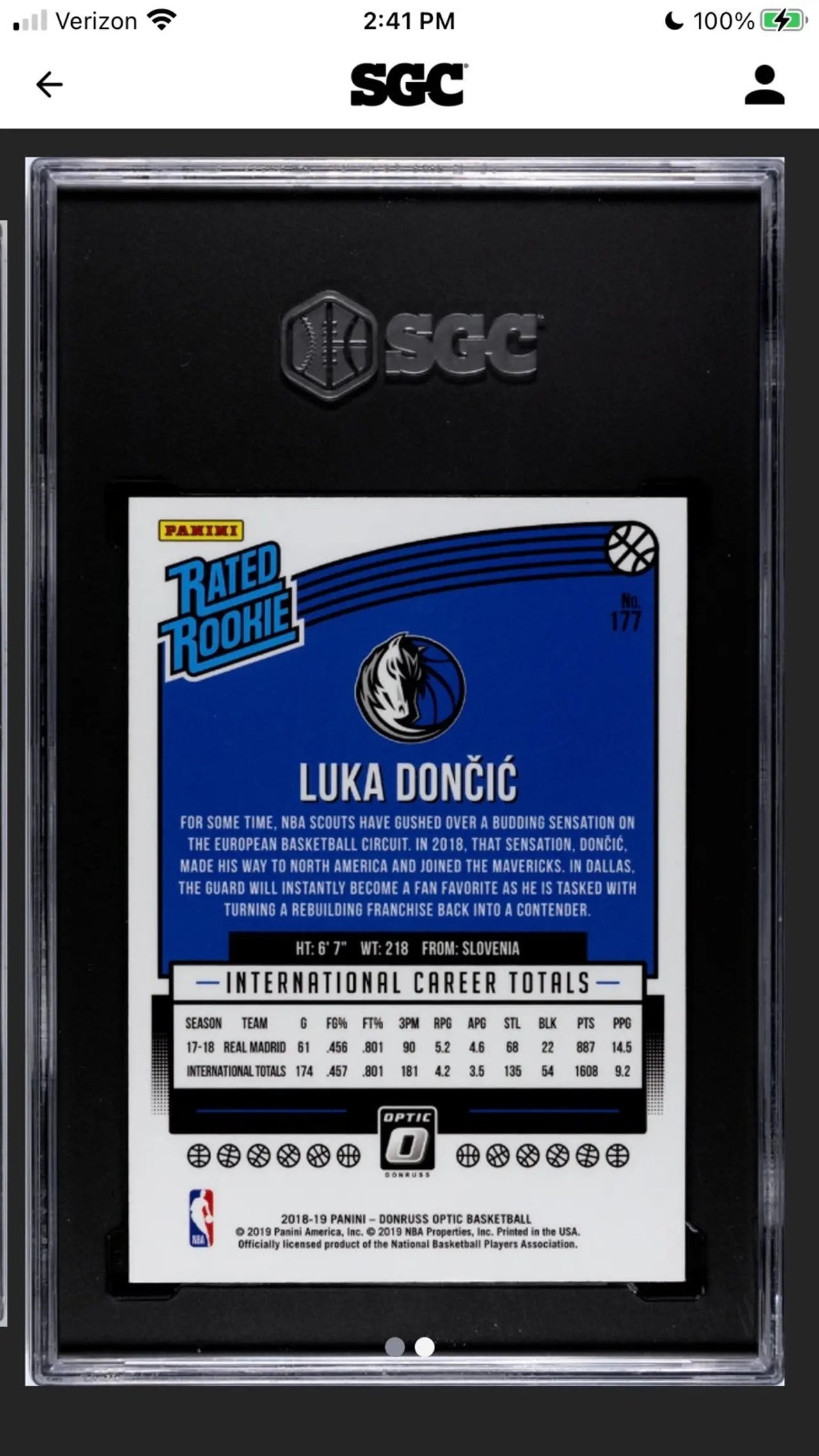 2018-19 Donruss Optic Luka Doncic Rated Rookie #177 SGC 9.5!