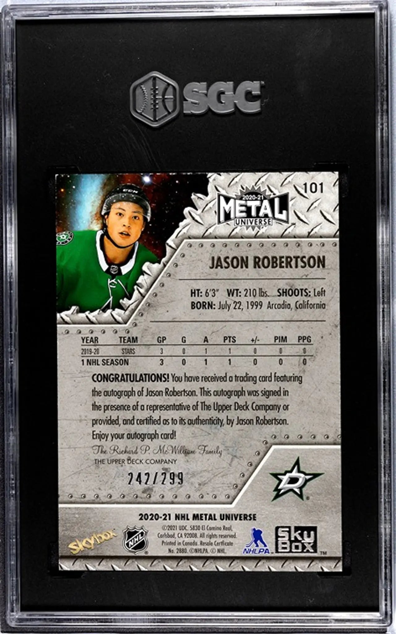 2020-21 Skybox Metal Universe Jason Robertson Auto! 242/299! SGC 10/9!