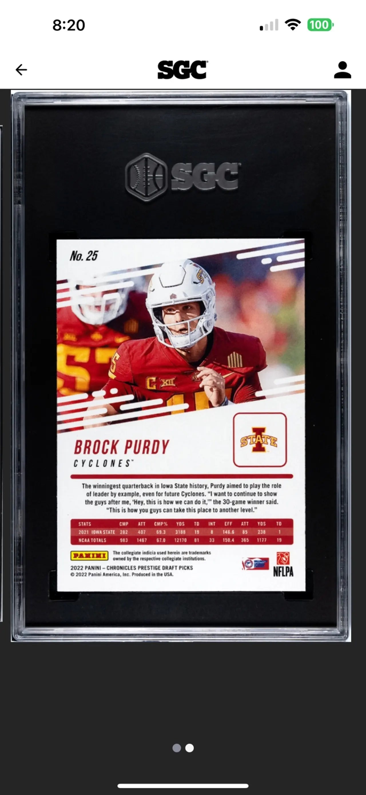 2022 Panin Chronicles DP Brock Purdy #25 SGC Gem Mint 10!