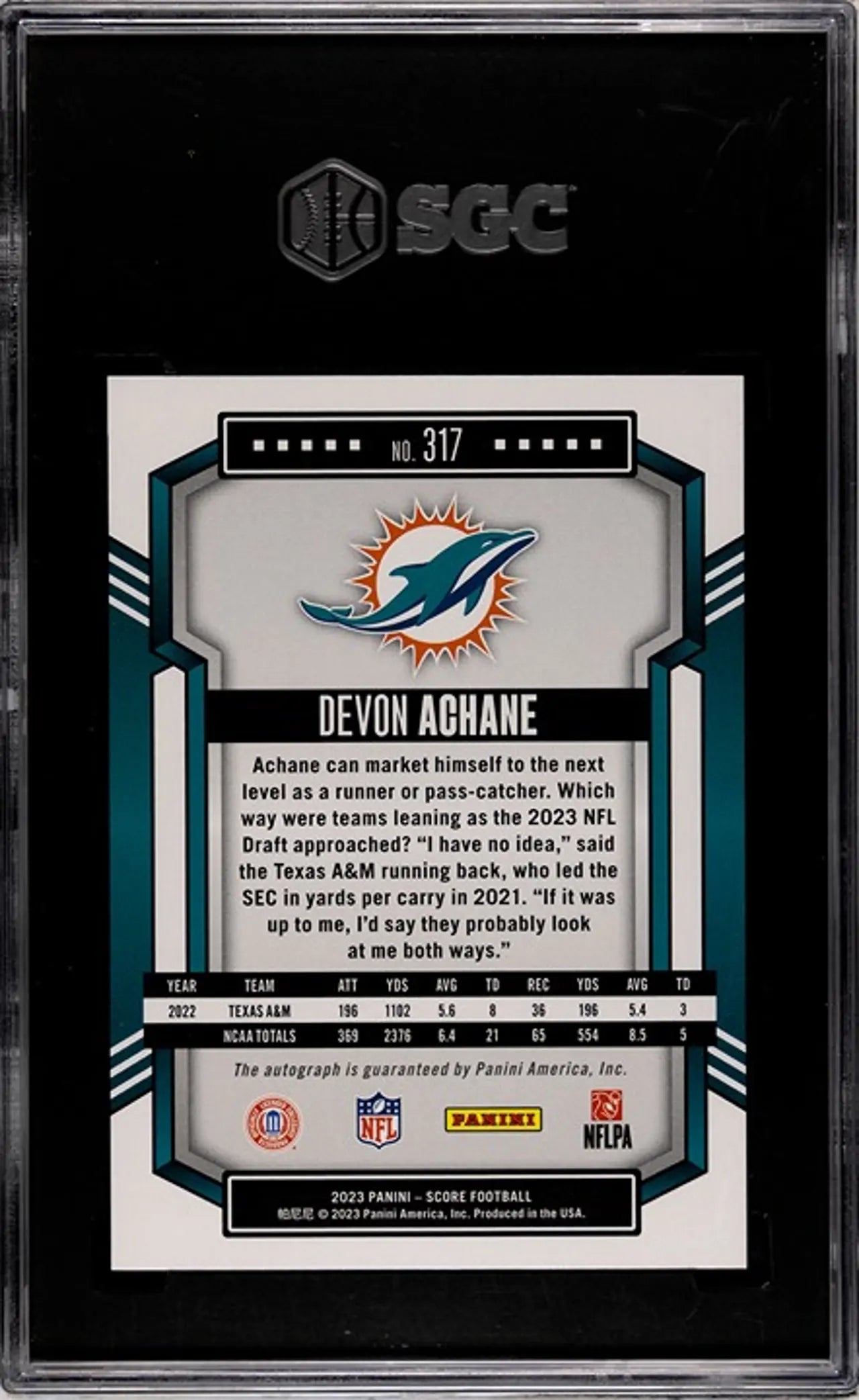 2023 Panini Score Devon Achane #317 Auto SGC GEM 10/10!