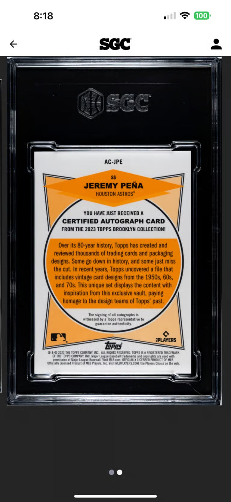 2023 Topps Brooklyn Collection Jeremy Pena Limited Auto Graded 10/10!