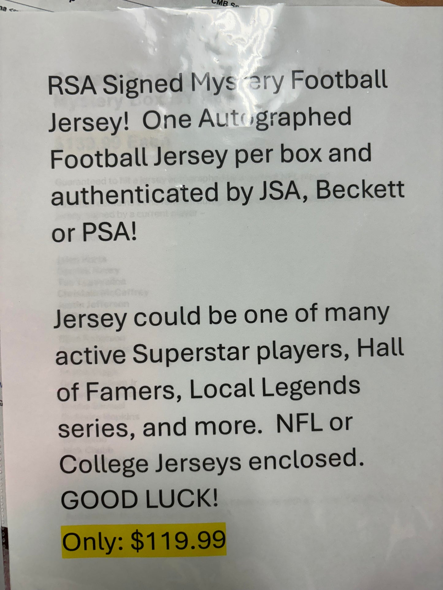 Signed Football Jersey Mystery Box. New. Certified!
