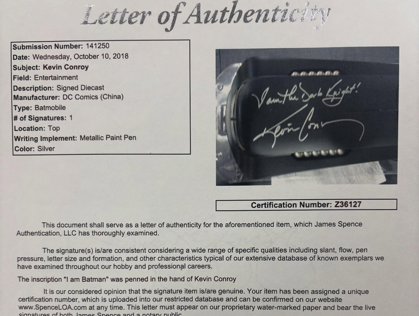 Batman The Animated Series Kevin Conroy Autographed and Inscribed Batmobile. JSA Letter.