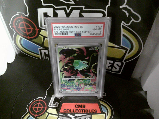 2025 POKEMON MEG EN BULBASAUR ENCHANCED BSTR BOX TOPPER PSA 8