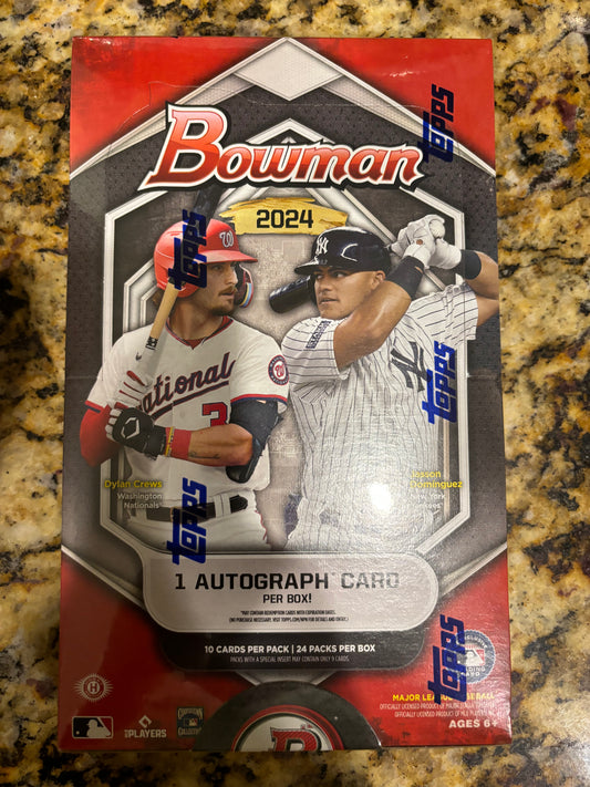 2024 Bowman MLB Hobby Box. New. 1 auto box with 24 packs and 10 cards per pack.