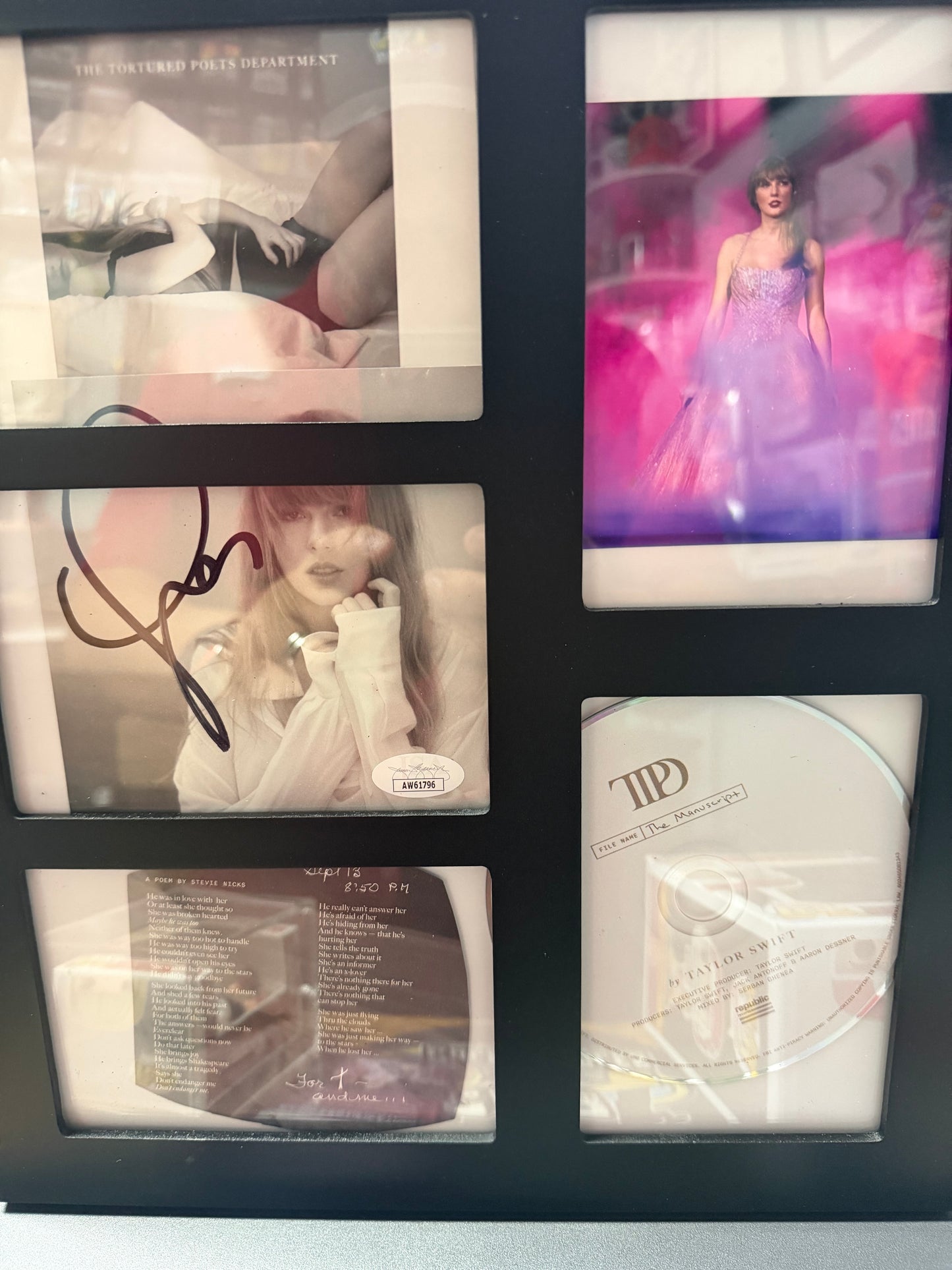 Taylor Swift JSA Certified Autograph Collage w Ceramic Figure and Kelce Pop. Wood Frame.