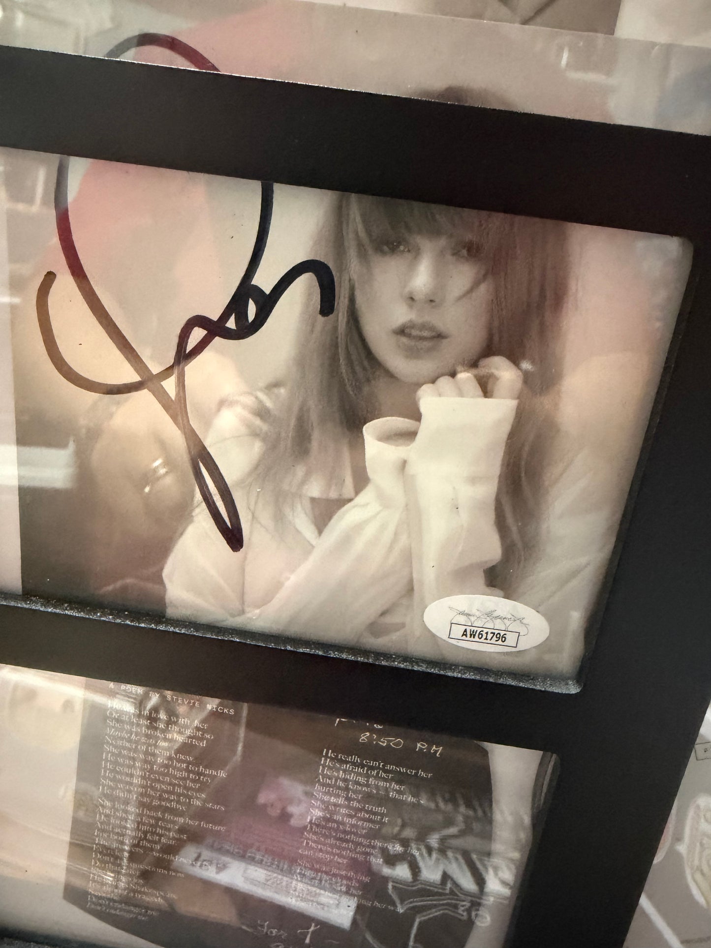 Taylor Swift JSA Certified Autograph Collage w Ceramic Figure and Kelce Pop. Wood Frame.
