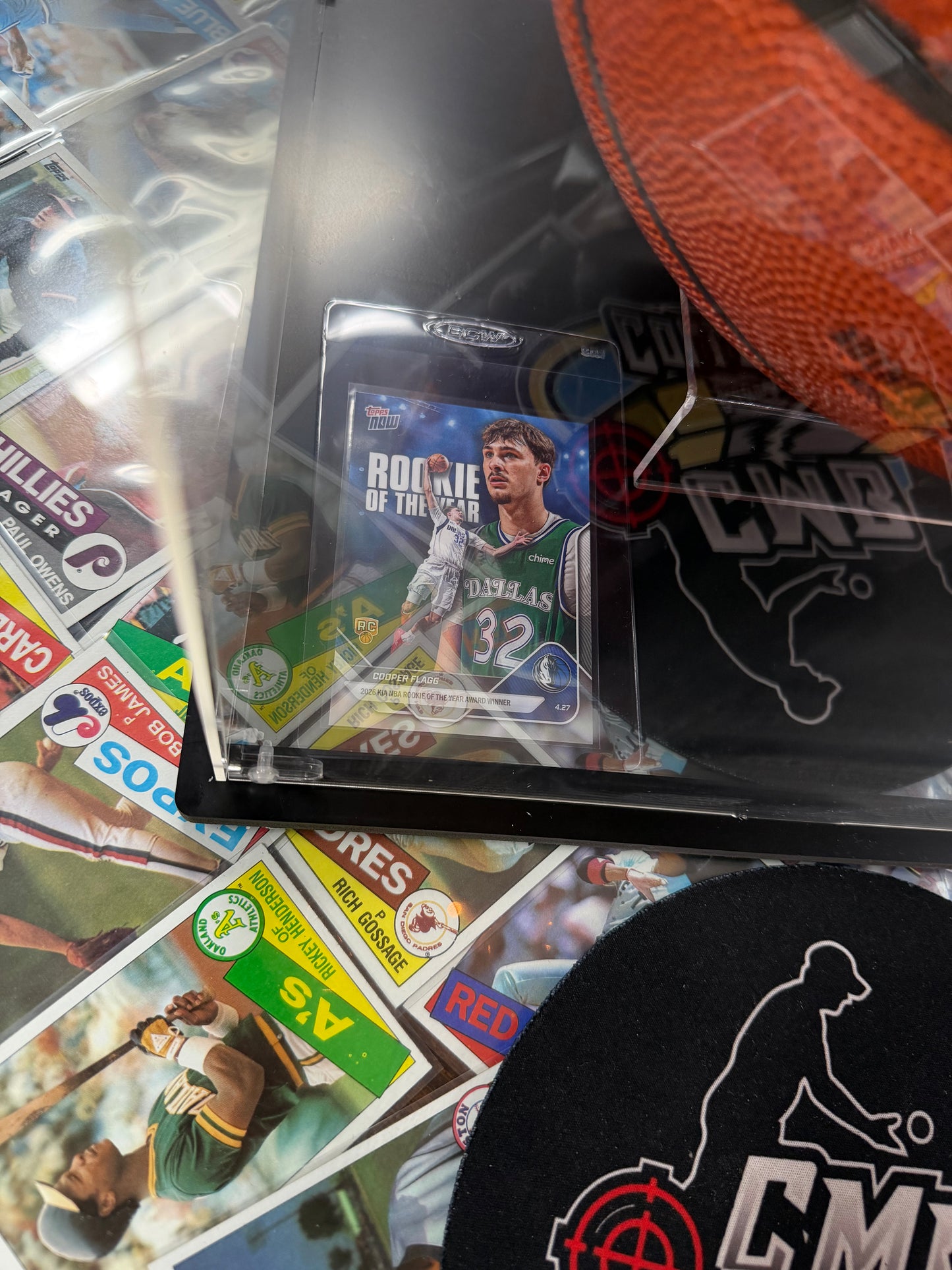 Cooper Flagg Autographed Wison Basketball Display with case and Topps Now Card. Fanatics COA.