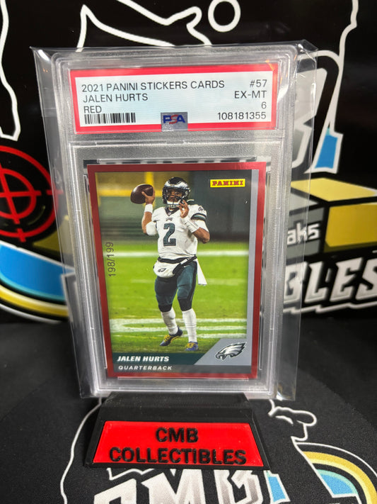 2021 Panini Stickers Cards Jalen Hurts Red #57 198/199. PSA 6.