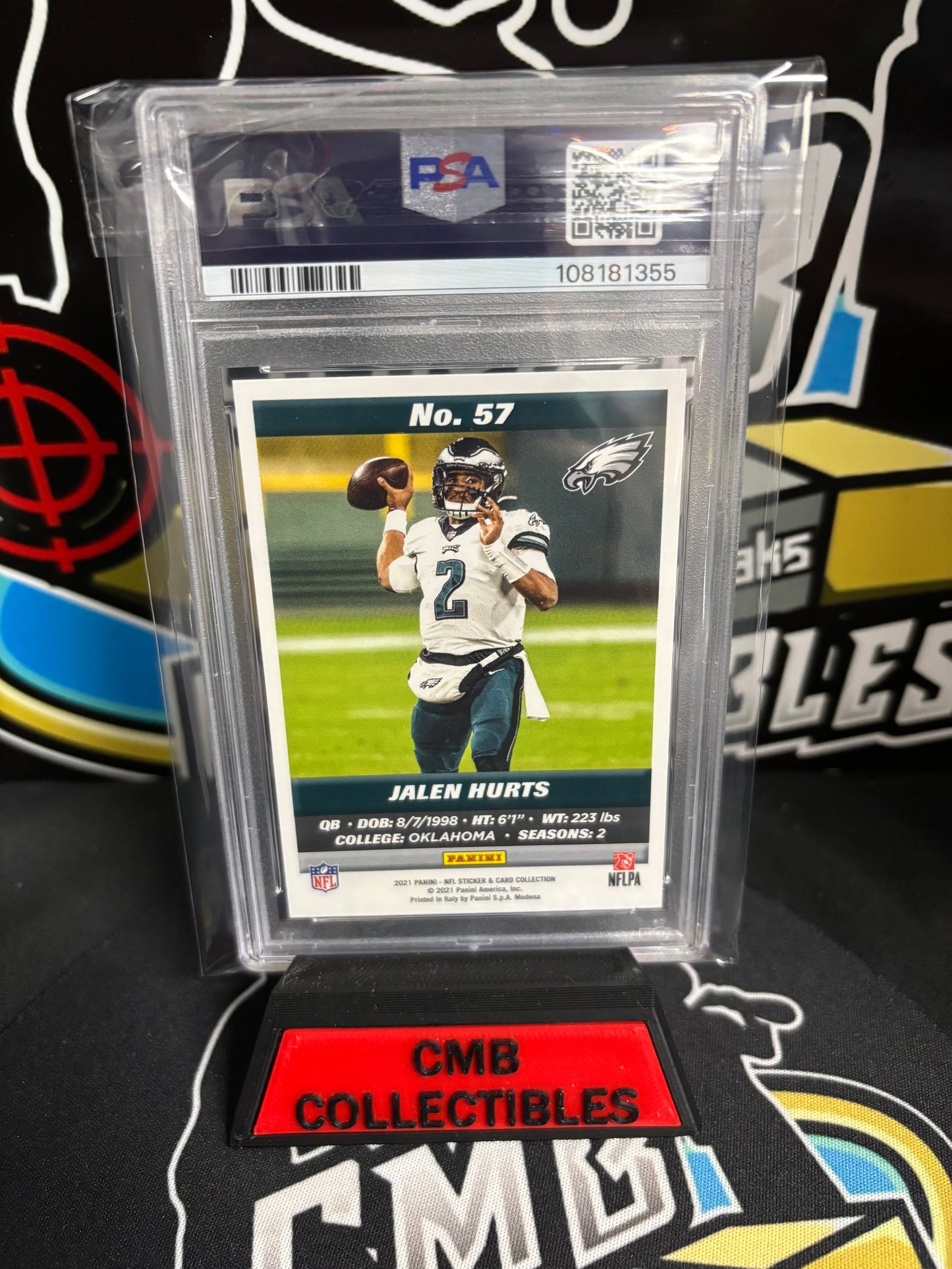 2021 Panini Stickers Cards Jalen Hurts Red #57 198/199. PSA 6.