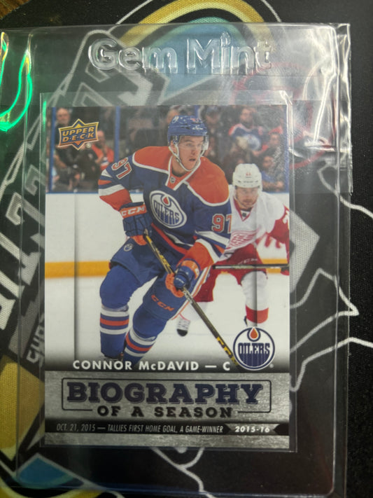 2016 Upper Deck Biography of a Season Connor McDavid #BIOCM-9. Mint. Raw and ungraded.