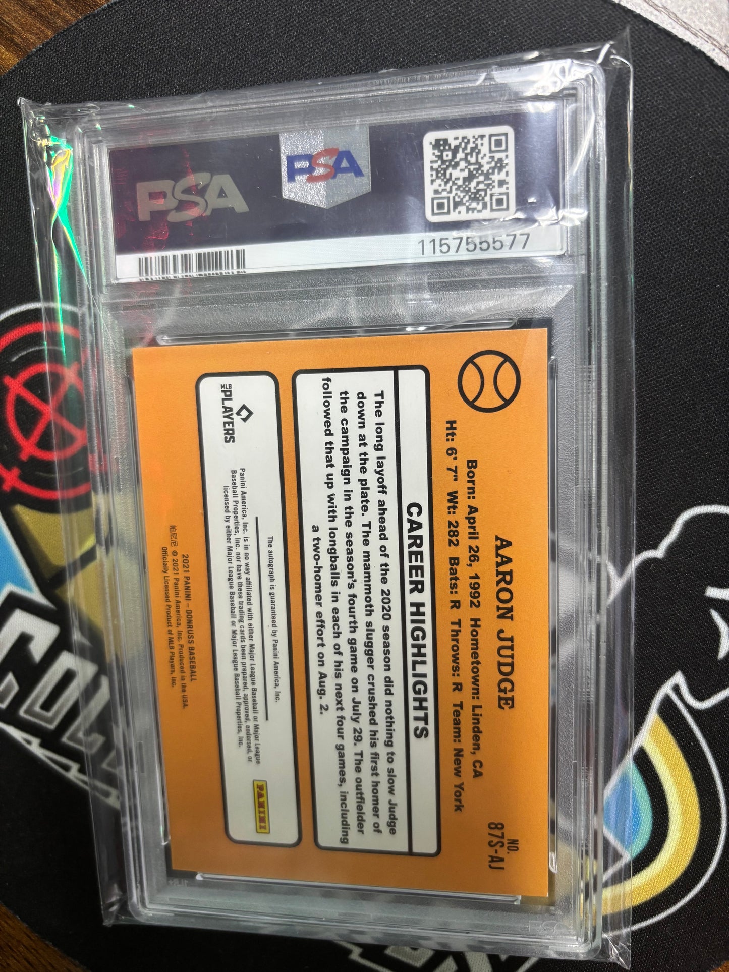 2021 Panini Donruss Aaron Judge Autograph. PSA 10. Limited 56/99. #87S-AJ.