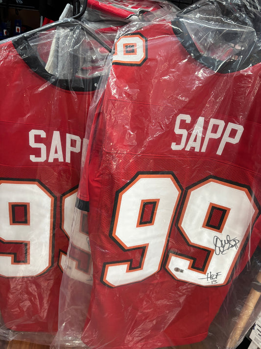Tampa Bay Buccaneers Warren Sapp Autographed XL Jersey.  Beckett COA. HOF Inscribed.