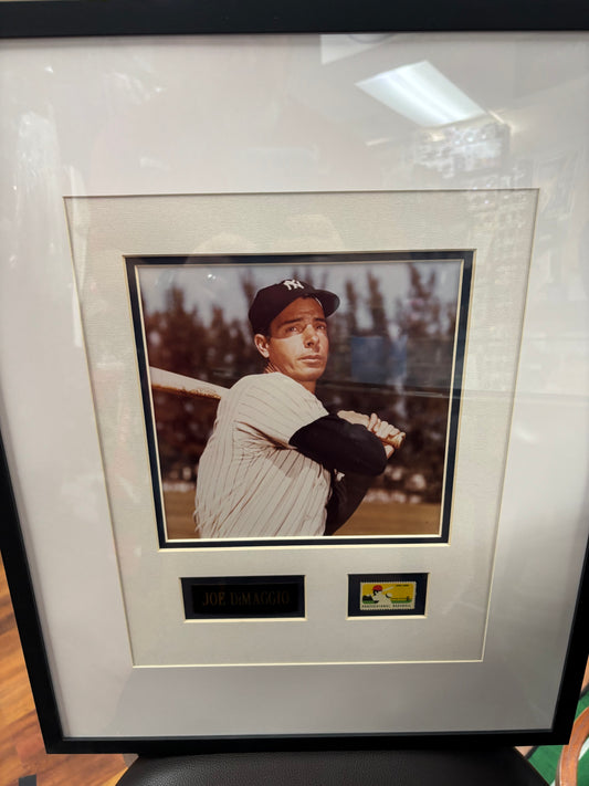 Joe Dimaggio NYY Framed and Matted Name Plate Photo w Collectors Stamp.