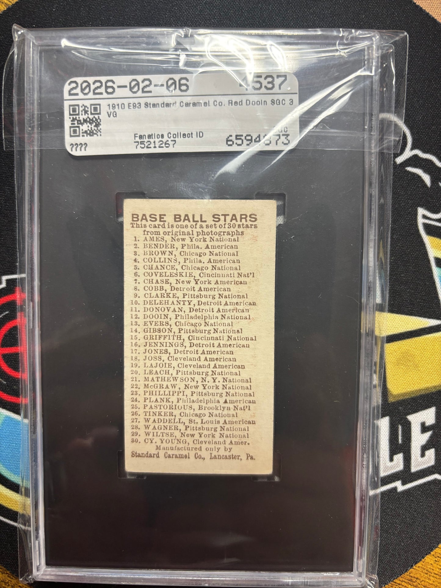 1910 Standard Caramel Co. E93 Red Dooin SGC 3.