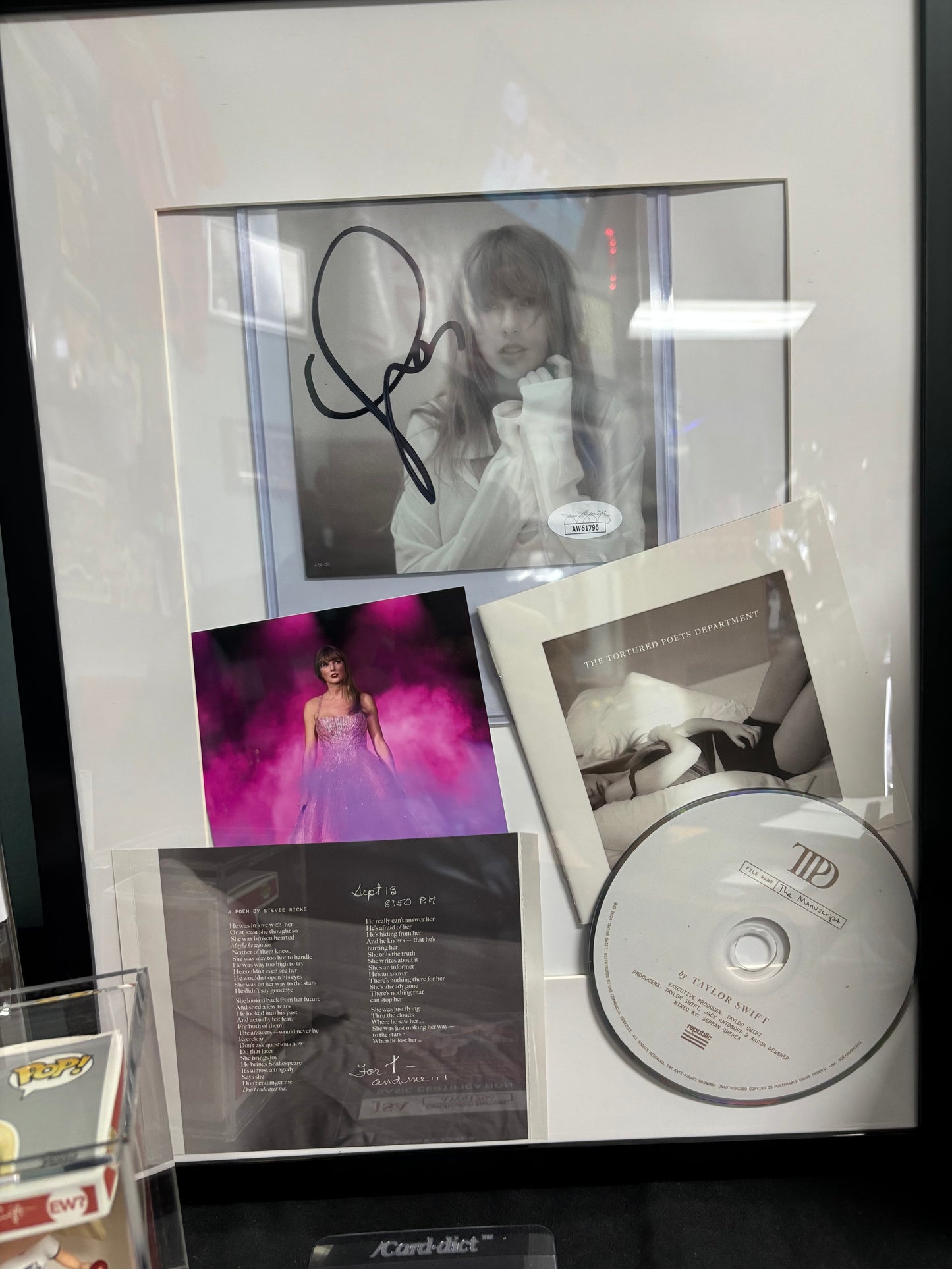 Taylor Swift Autographed, Unique CD Bundle with JSA COA, Travis Kelce Funko and Figurine.