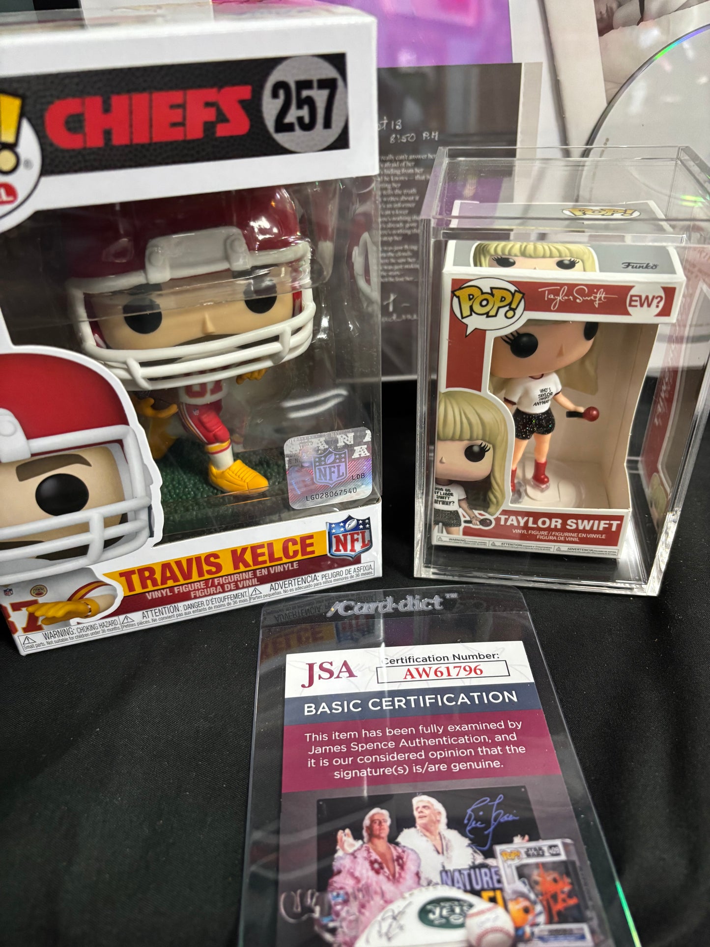 Taylor Swift Autographed, Unique CD Bundle with JSA COA, Travis Kelce Funko and Figurine.