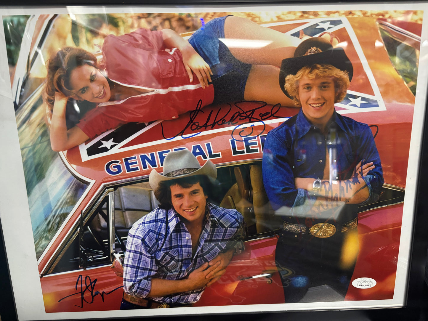 Dukes of Hazard Triple Autographed 11x14 Framed General Lee Photo! JSA COA! Back, Schneider and Wopat!