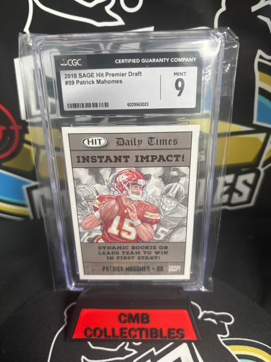 2018 Sage Hit Premier Draft Patrick Mahomes RC 59. CGC 9.