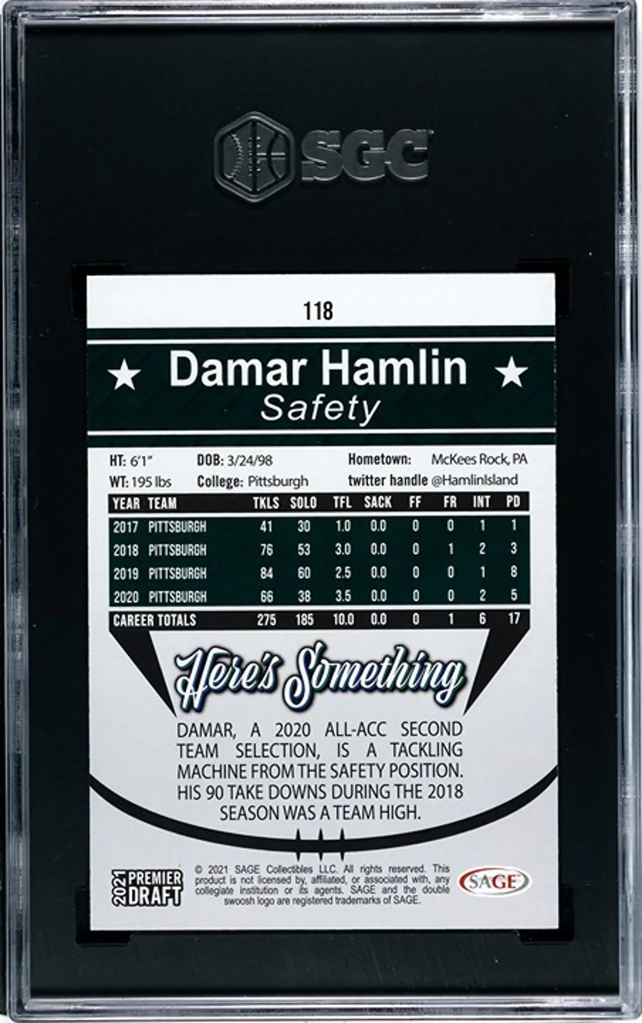 2021 Sage Hit Permier Draft Damar Hamlin Rookie #118 Graded SGC 9!