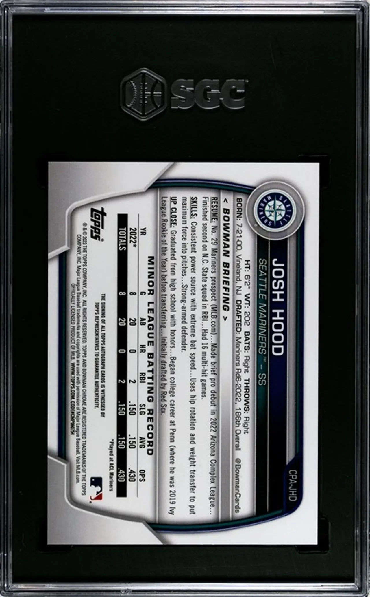 2023 Bow Chrome Prospect Josh Hood #CPA-JHD Autograph GC 10/10!