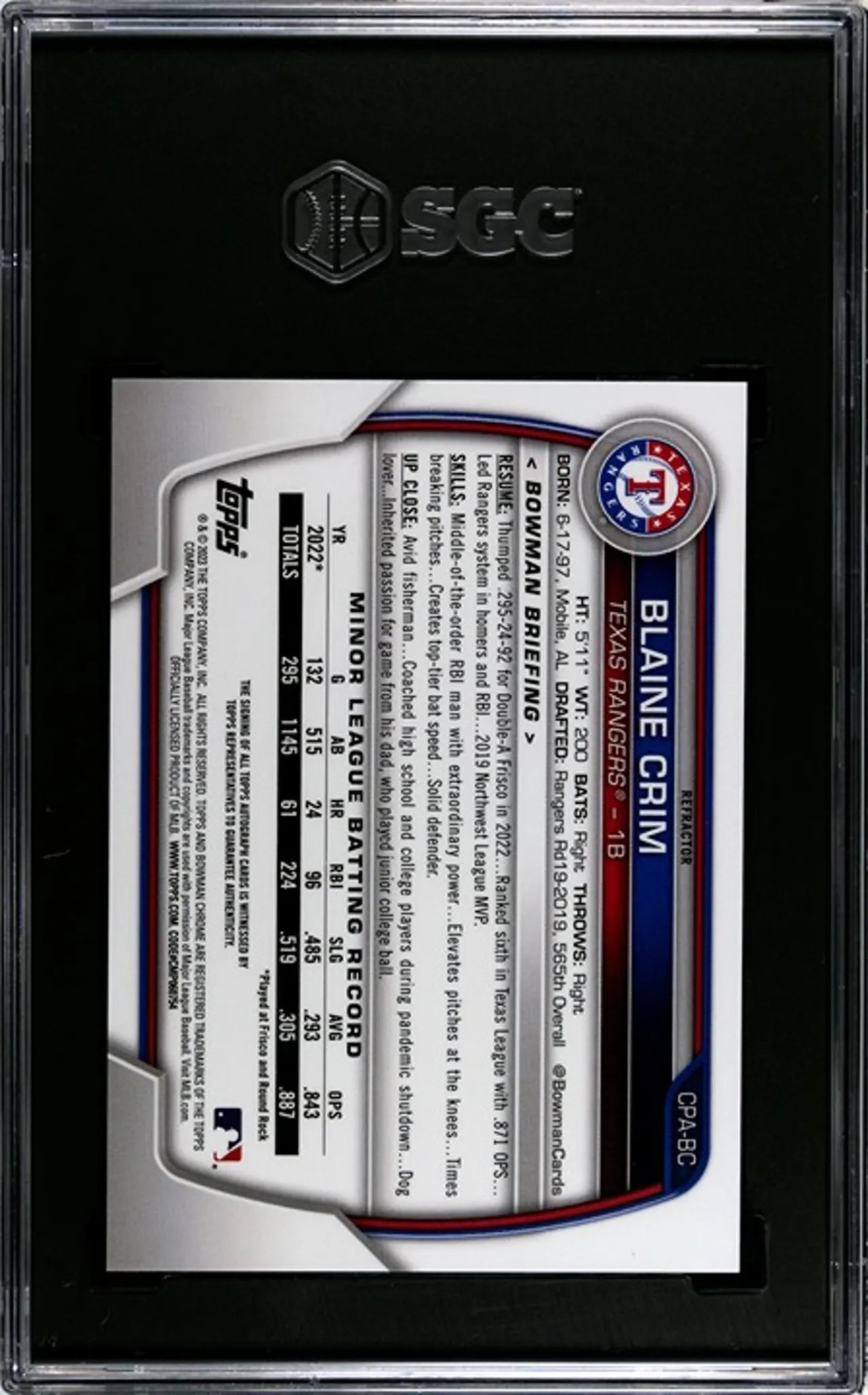 2023 Bow Chrome Pros. Refractor Blaine Crim #CPA-BC Auto Lim. SGC 10/10!