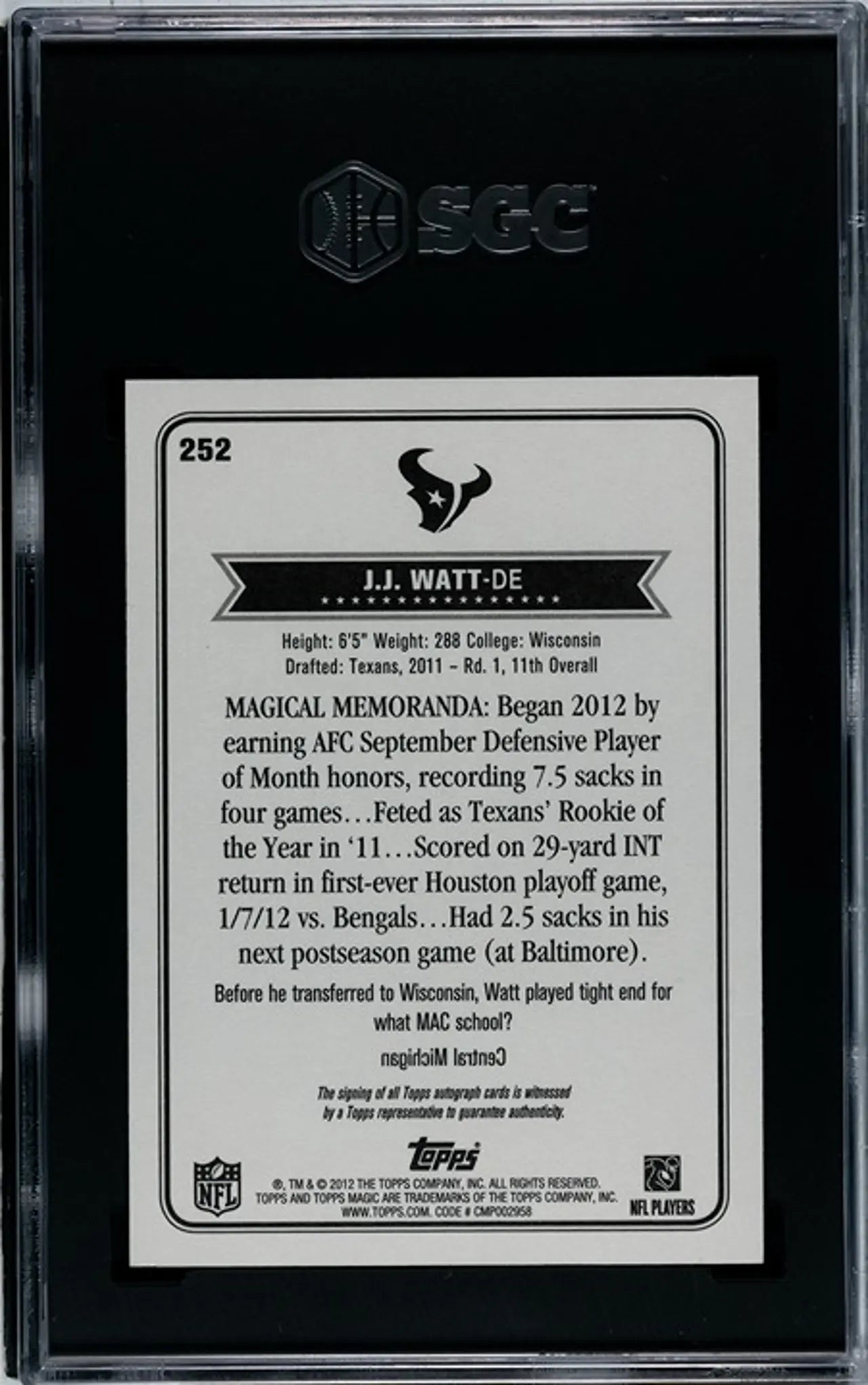 2012 Topps Magic JJ Watt #252 Autographed and Graded 10/9!