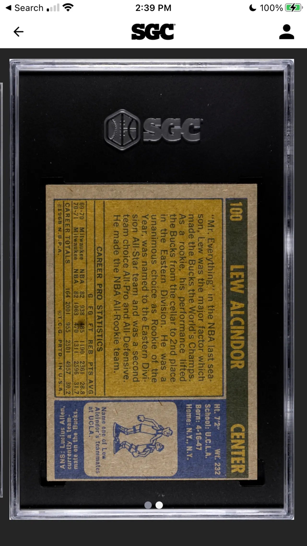 1971-72 Topps Lew Alcindor #100 SGC 5.5!