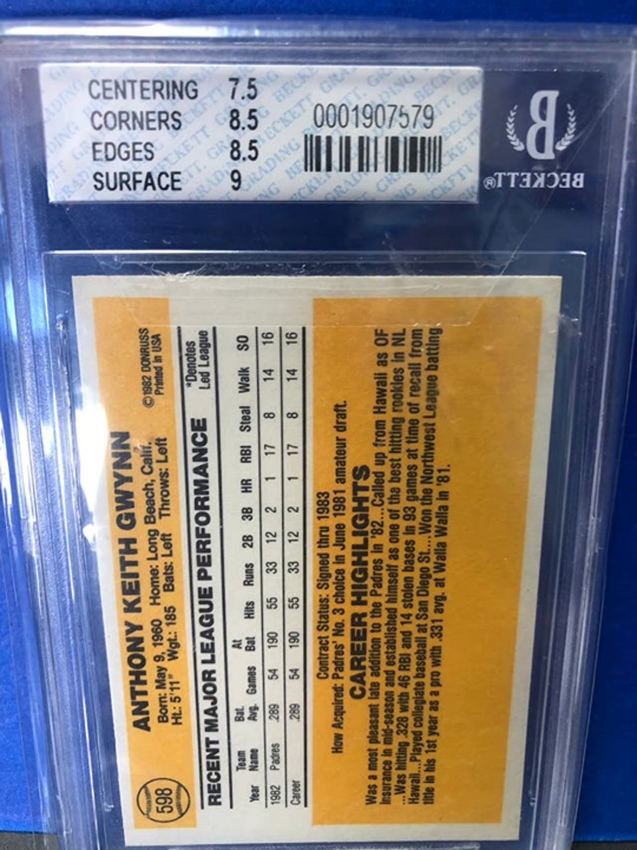 1983 Donruss Tony Gwynn #598 RC Beckett Graded 8!