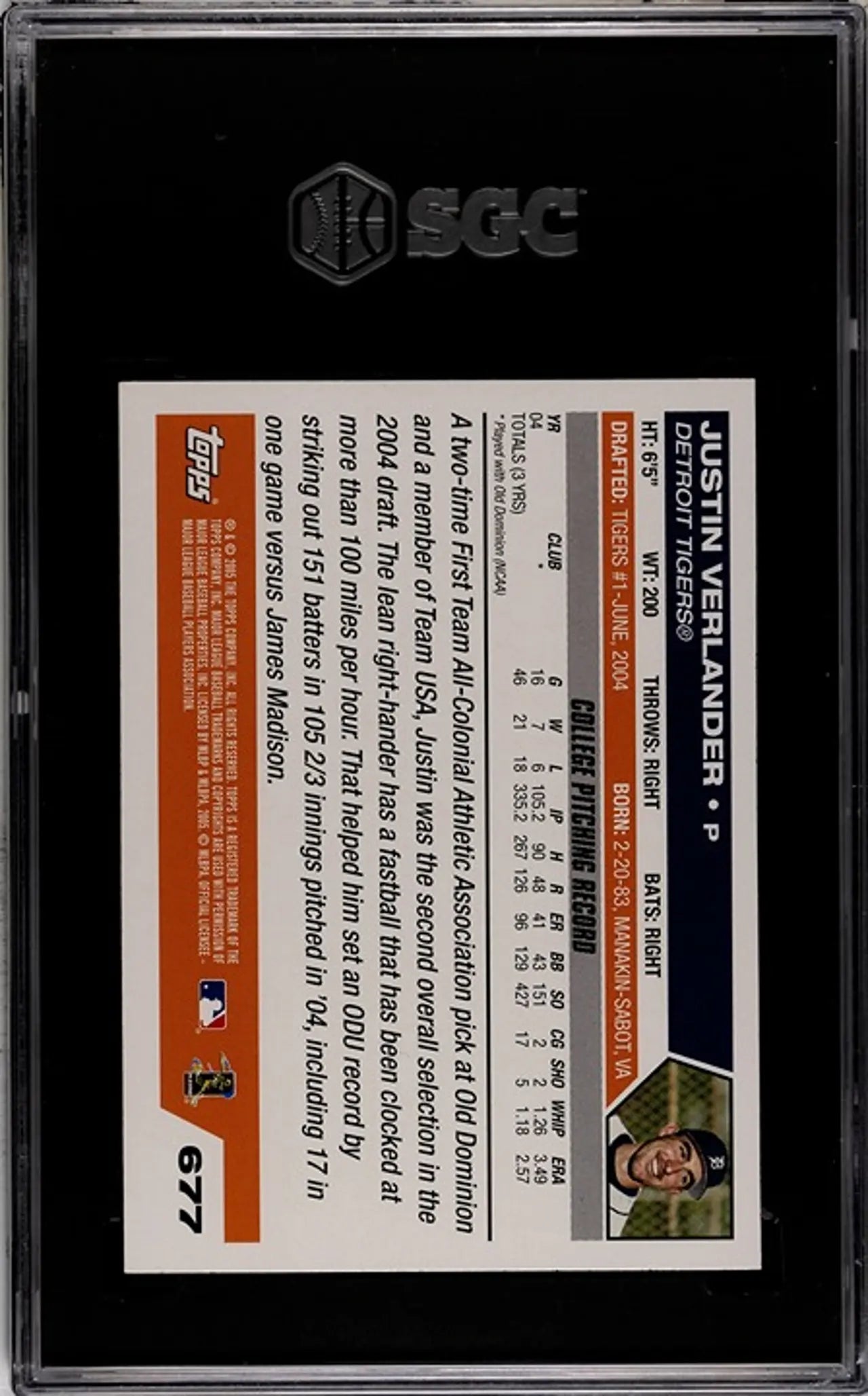 2005 Topps Justin Verlander #677 RC SGC 9.