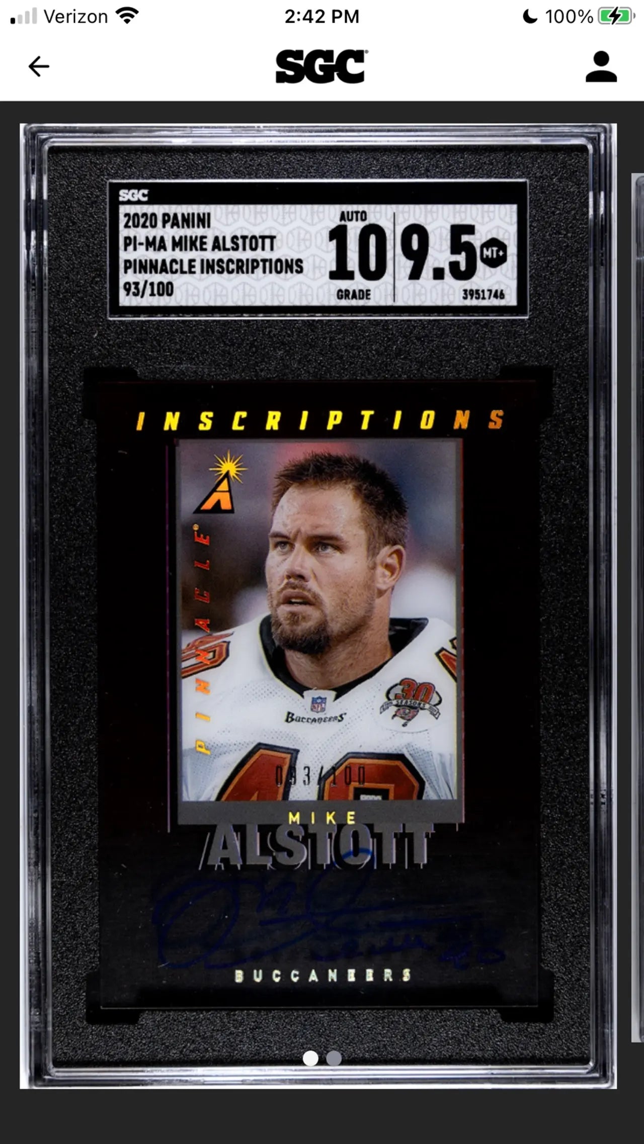 2020 Panini Pinnacle Inscriptions Mike Alstott 93/100 Auto SGC 10/9.5!!