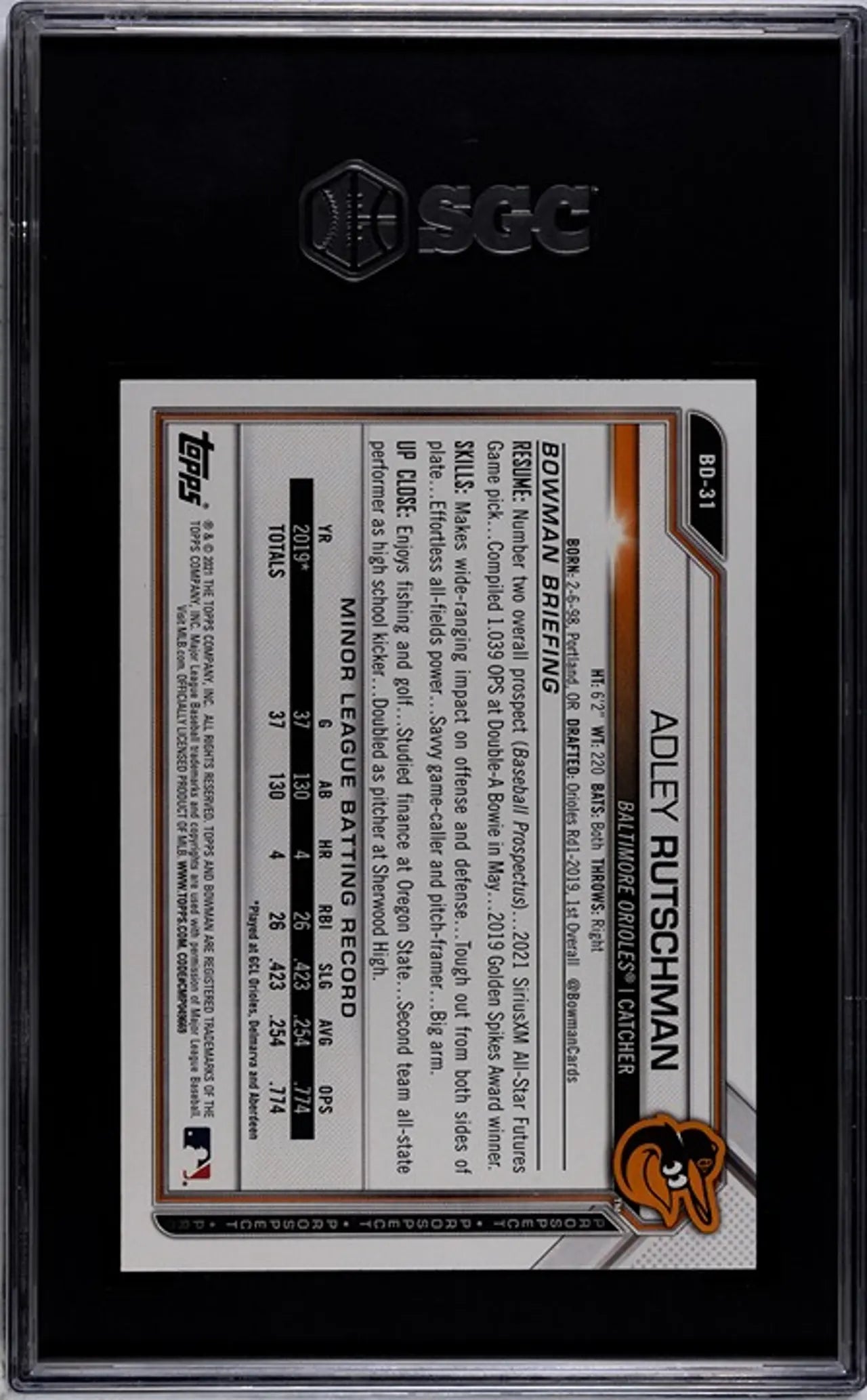 2021 Bowman Draft Adley Rutschman #BD-31 RC SGC 10!