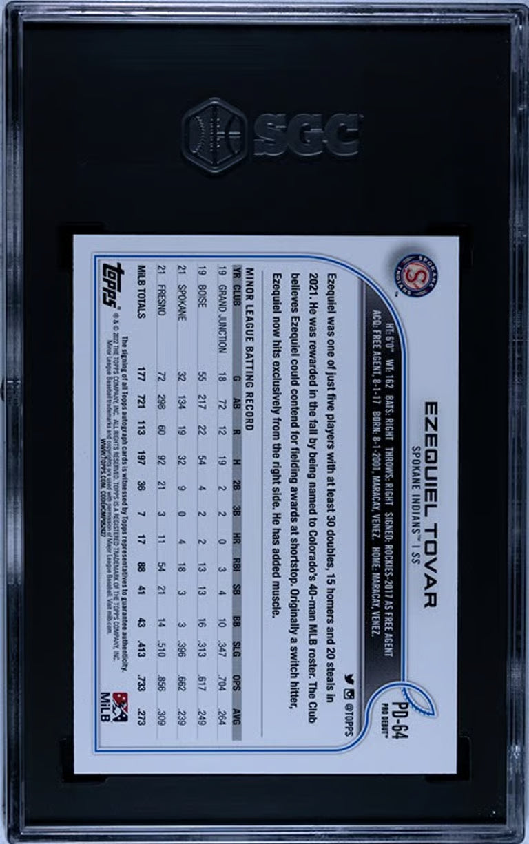2022 Topps Pro Debut Ezequiel Tovar #PD-64 Auto Graded SGC 10/10.