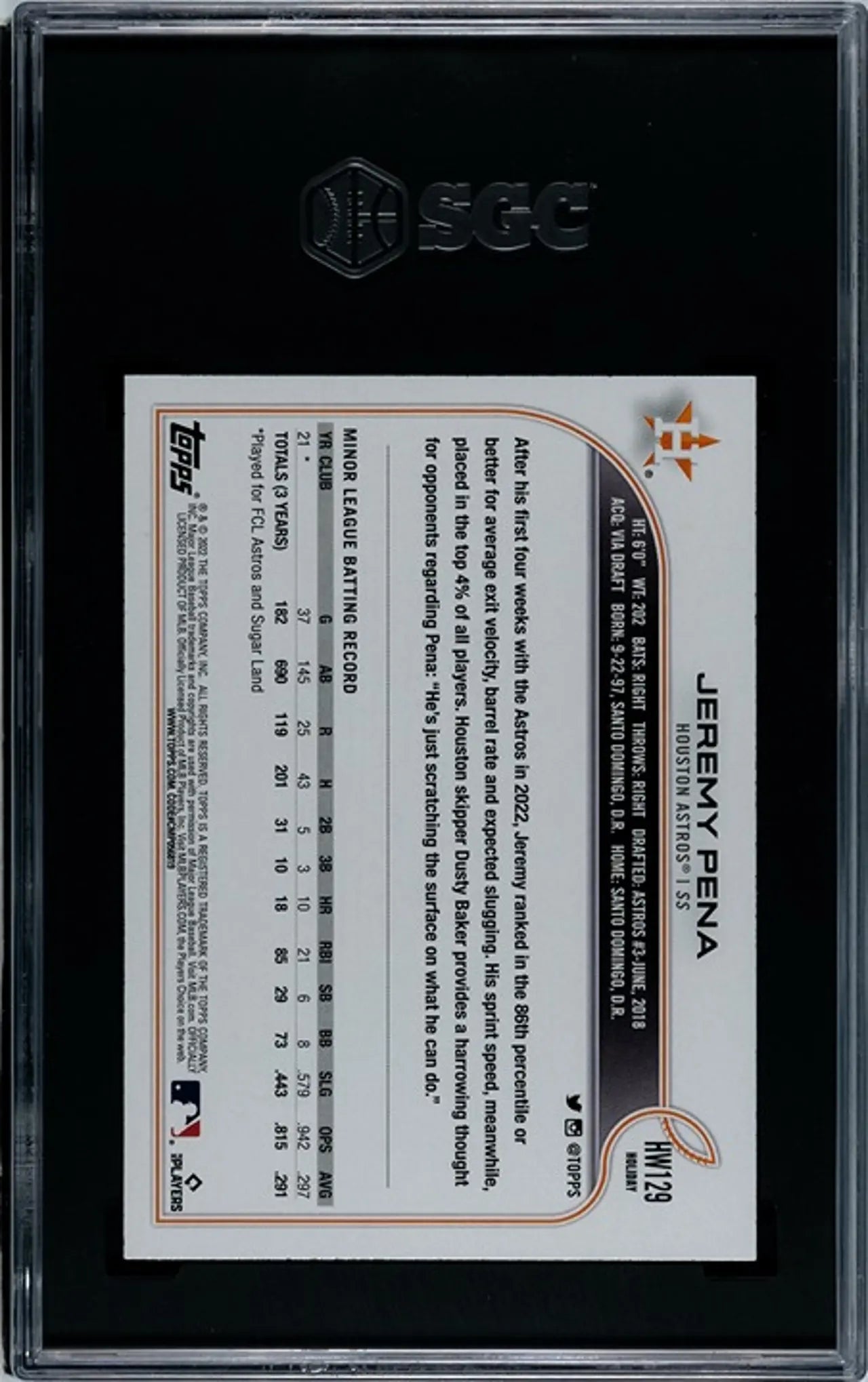 2022 Topps Holiday Jeremy Pena RC #HW129 Candy Cane Sleeve SP Graded SCG 9.5!