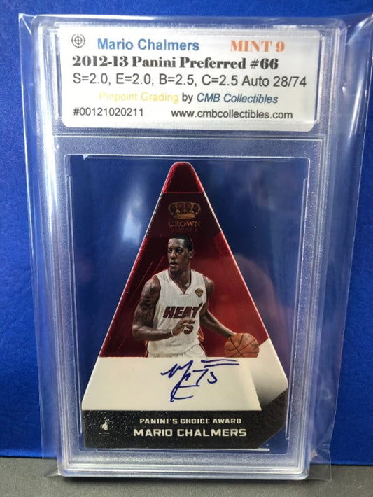 2012-2013 Panini Mario Chalmers Preferred Autograph #66, 28/74 Graded MINT 9!