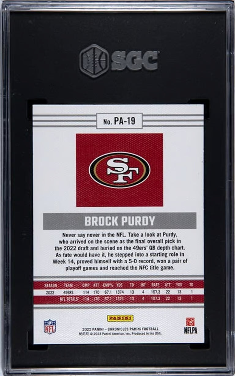 2022 Panini Chronicles Brock Purdy Panini Pink RC #PA-19 SGC 9.5.