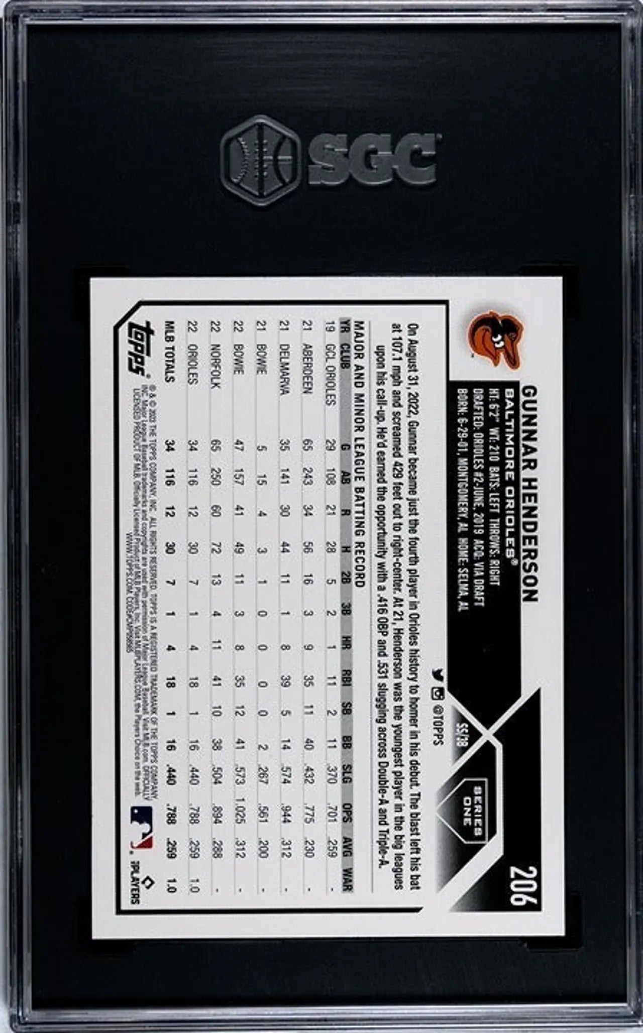 2023 Topps Gunnar Henderson #206 RC SGC Graded GEM 10!