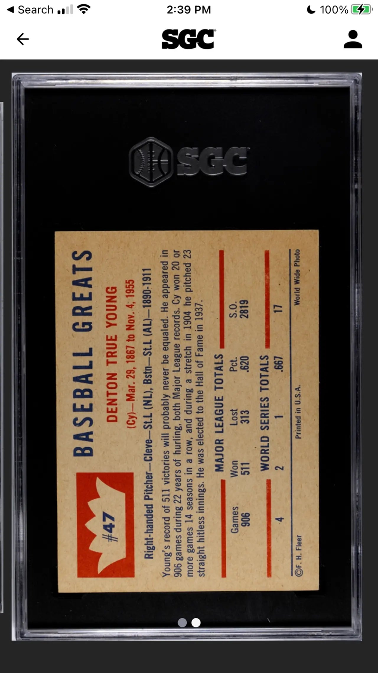 1960 Fleer Cy Young #47! Nice SGC Grade 6.5!