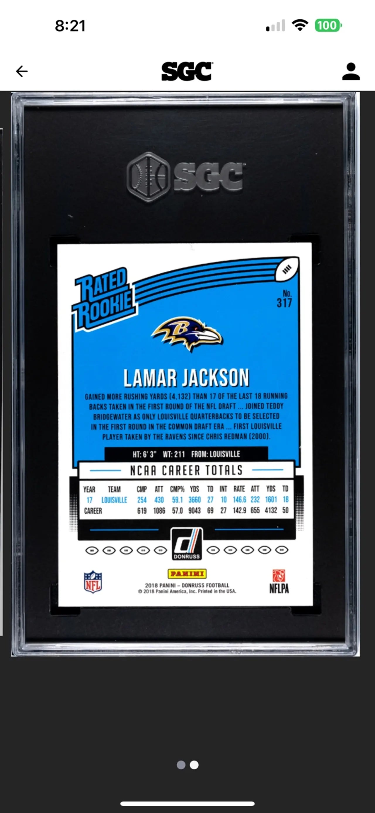 2018 Donruss Lamar Jackson #318 RR Graded SGC GEM 10!